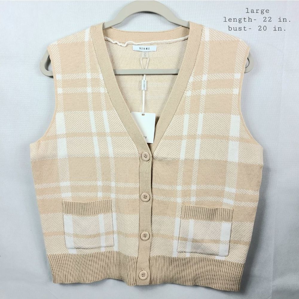 Sioni Beige and White Plaid Button-Up Knit Vest